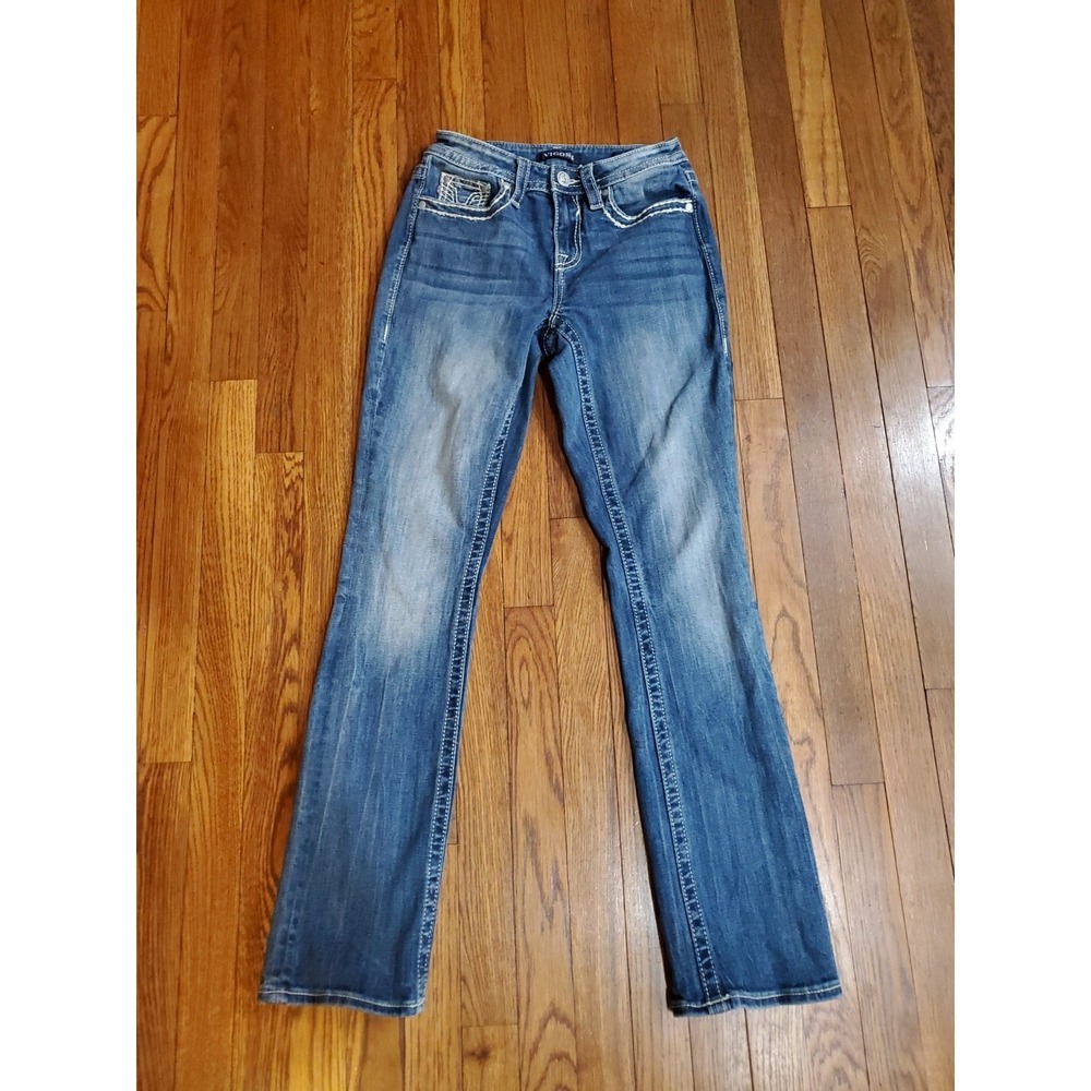 Vigoss Heritage Slim Bootcut Jeans Med Wash Rhinestone Embroider Pocket sz 2 L32